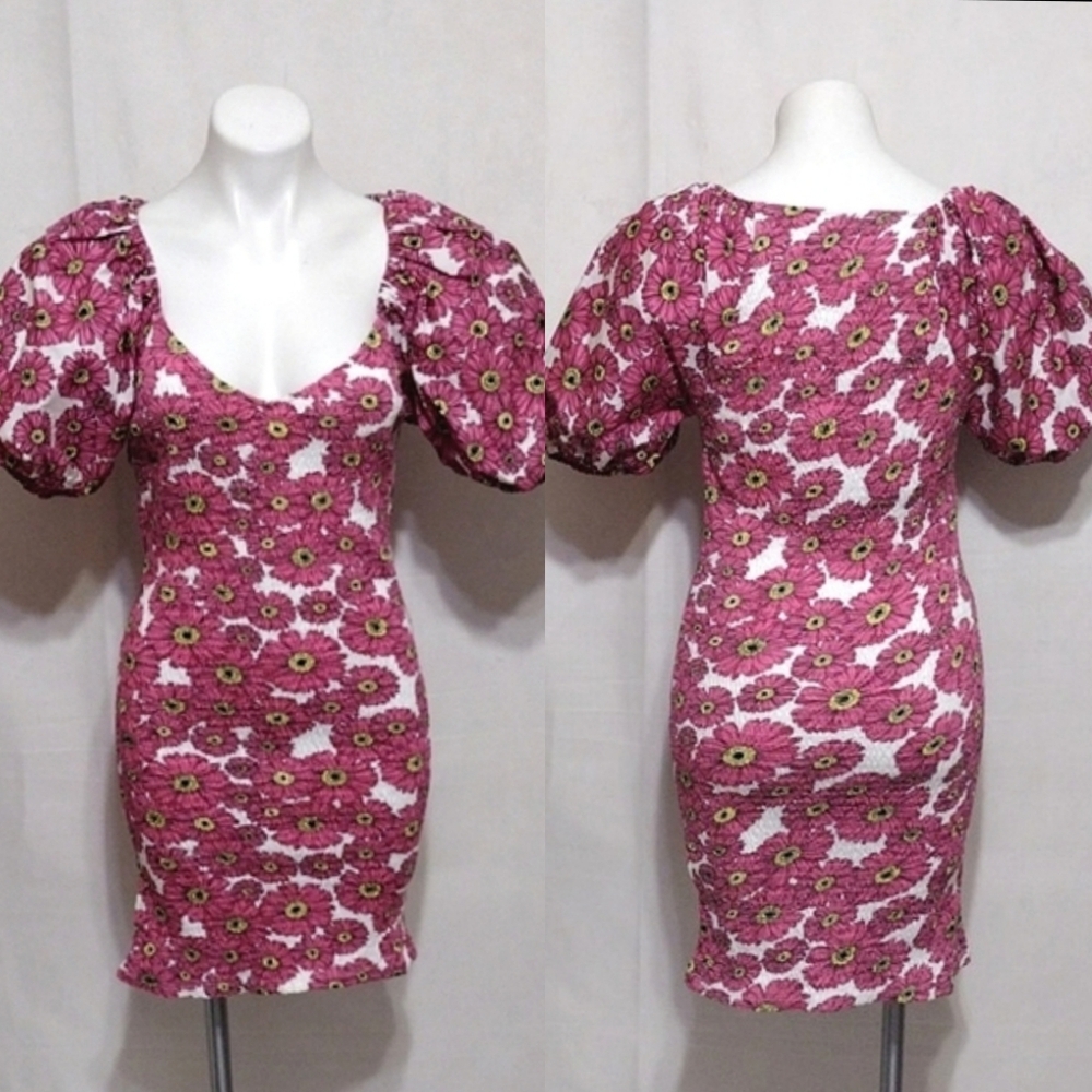 ZARA Floral Puff Sleeve Smocked Bodycon Dress Large Stretchy Cottagecore Chic